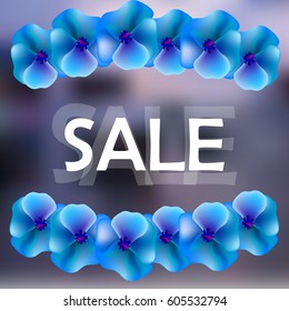 Abstract blurred background with blue flowers and sale in the center