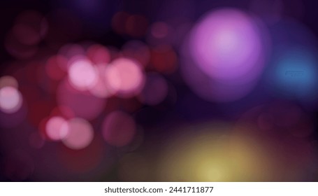 Abstract blurred background of bokeh lights at night party, red, purple, blue lights. Vector illustration.