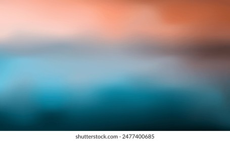 Abstract blurred background, dark gradients of orange and blue or green, warm, bright feeling of the evening atmosphere, blurry landscape, sea, mountains, sky.