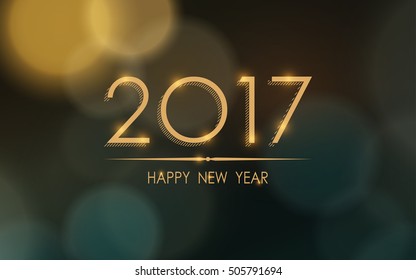 Abstract blurred background of Happy new year 2017 in Hatched Drop Shadow design with bokeh and lens flare of light at night (vector)