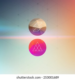 Resumen Fondo borroso con patrones geométricos hipster e iconos y signos modernos. Etiquetas modernas para tarjetas de visita y diseños de logotipos. Cielo con Shine. Ilustración vectorial.