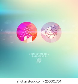 Abstract Blurred Background with Hipster Geometric Patterns and Modern Icons and Signs. Modern Labels for Business Cards and Logo Designs. Sky with Shine. Vector Illustration.