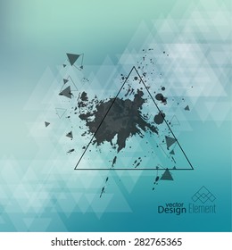 Abstract blurred background with hipster triangles and exploding ink stains debris. Vector.