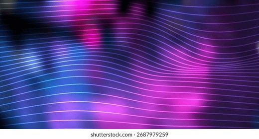 Abstrakter unscharfer Hintergrund in Neonviolett-, Blau- und Rosa-Tönen, weiches Farbverlauf-Licht, das eine verträumte futuristische Atmosphäre schafft, ideal für digitale Kunst,