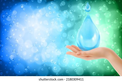Abstract blurred blue, green background with rain, water drop dan hand. Save and protect Earth. Concept of the Environment World Earth Day.