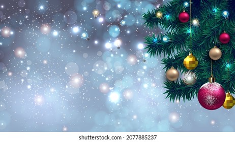 Abstract blurred of blue and silver glittering shine bulbs lights background. A blur of Christmas wallpaper decorations concept. Xmas holiday festival backdrop. Sparkle circle lit celebrations display
