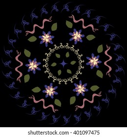 Abstract blurred circular pattern on a black background . Flowers , ribbons , leaves , curlicues . Four colors .