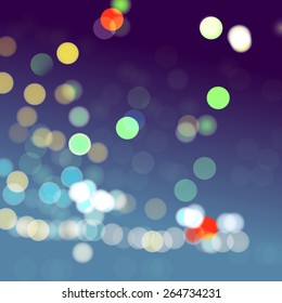 Abstract blurred colored bokeh lights at night. Vector illustration.