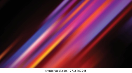 Abstractas líneas diagonales borrosas de vibrantes rayas de luz roja, púrpura y amarilla fluyen a través de un fondo oscuro, creando una visual dinámica y energética para el Diseño gráfico y el arte digital