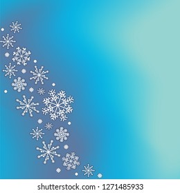 Abstract blurred gradient mesh background with white snowflakes with shadow. Winter Colorful smooth banner template cover of greeting card. Easy editable soft colored pattern vector illustration.