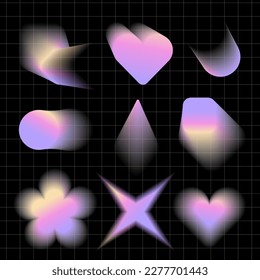 Abstract blurred gradient shapes collection  blurry star  flower heart aura aesthetic elements set  y2k colorful soft gradients  Brutalism shape blurs  various geometric forms in 90s style  Vector