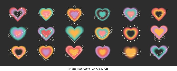 Abstract blurred gradient shapes. Hearts with circles and sparkles in trendy retro y2k style. Vector illustration.