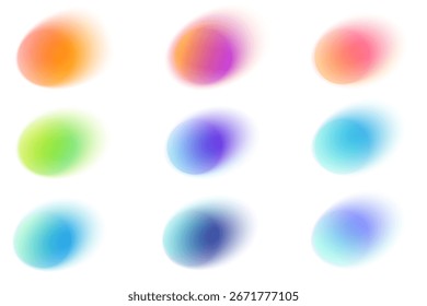 Formas de gradiente borradas abstratas em plano de fundo branco. Elementos vetoriais líquidos arredondados com gradação suave. Manchas de néon com aura. Conjunto iridescente geométrico pastel.