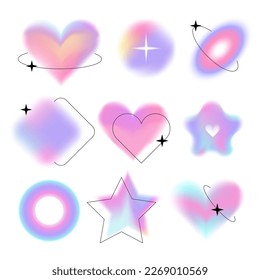Abstract blurred gradient shapes set  blurry star  ring  heart aura aesthetic elements collection  colorful soft holo lilac gradients  Various geometric forms and blurring effect vector illustration 