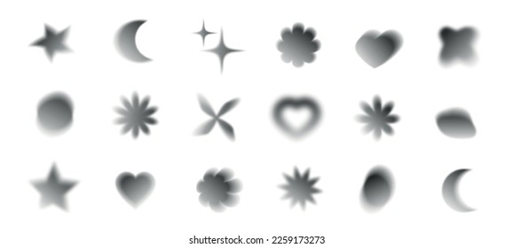Abstract blurred gradients hearts   flowers set  Soft monochrome graphic elements collection Y2k aesthetics aura  Vector isolated illustration