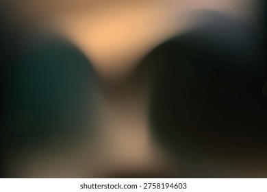 Abstract blurred landscape background with soft golden sunset light between dark hills and valley, defocused natural scenery with warm tones and tranquil atmosphere