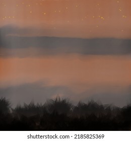 abstract blurred landscape with trees and mountains with stars in the sky. Beautiful night with silhouette .