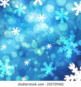 Abstract blurred lights and snowflakes background. Vector illustration. Christmas or New Year greeting card, invitation.