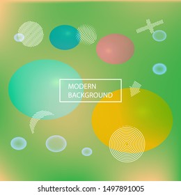 Abstract blurred mesh background. Original backdrop with colored bubbles and white shapes. Vector illustration pastel. Green celebration template for your graphic design, user interface or app.