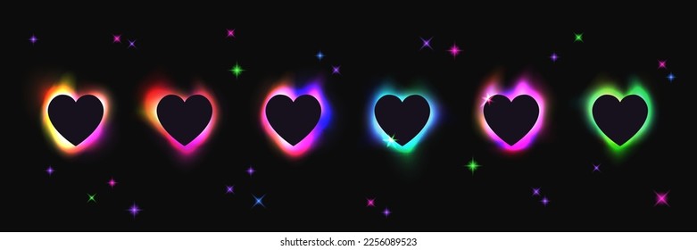 Abstract blurred neon gradient shapes with heart silhouettes. Holographic fluid shapes for trendy y2k cool brutalist design. 3d blurry soft gradient frames. Modern aura stickers, vector illustration