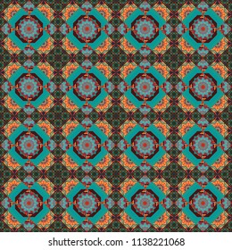 Abstract blurred paisley blue, brown and green ornament. Sloping seamless colorful ornament for design and backgrounds. Textured seamless pattern. Vector illustration. Orient popular style.