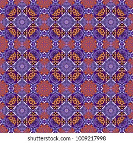 Abstract blurred paisley violet, orange and purple ornament. Vector illustration. Textured seamless pattern. Orient popular style. Sloping seamless colorful ornament for design and backgrounds.