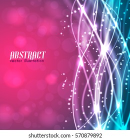 Abstract blurred pink blue background with text and glowing vertical white threads and sparkles vector illustration