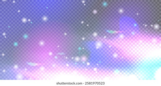 Abstract blurred rainbow refraction overlay effect with sparkling particles. Glowing light lens prism effect on transparent background. Holographic reflection. Vector  illustration