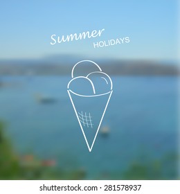 Abstract blurred sea background with summer and travel icon - ice cream. Travel design. Logo. Vector illustration.
