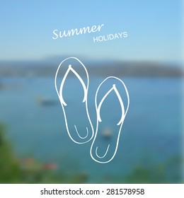 Abstract blurred sea background with summer and travel icon - flip flops. Travel design. Logo. Vector illustration.