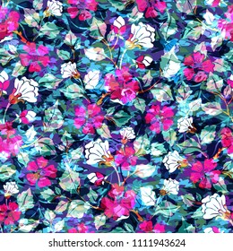Abstract blurred seamless  pattern with flowers on dark background. Vector illustration for fabric, textile, clothes, wallpapers, wrapping.
