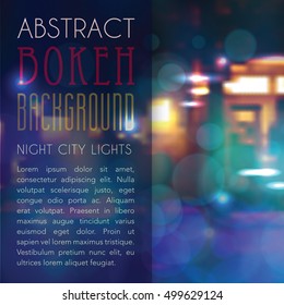 Abstract blurred urban background with bokeh lights. Night city lights. Vector illustration
