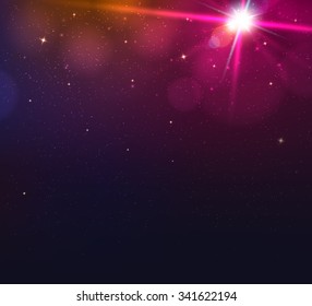 Abstract blurred vector background with light glare, bokeh and glowing particles. Lighting effects of flash. Abstract illustration