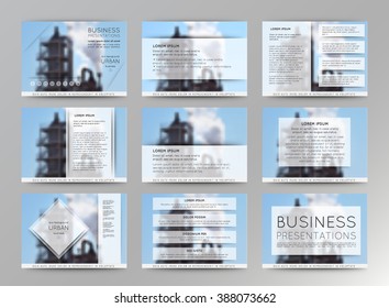 Abstract blurred vector backgrounds of factory building. Set of vector templates for presentation slides and business presentation.