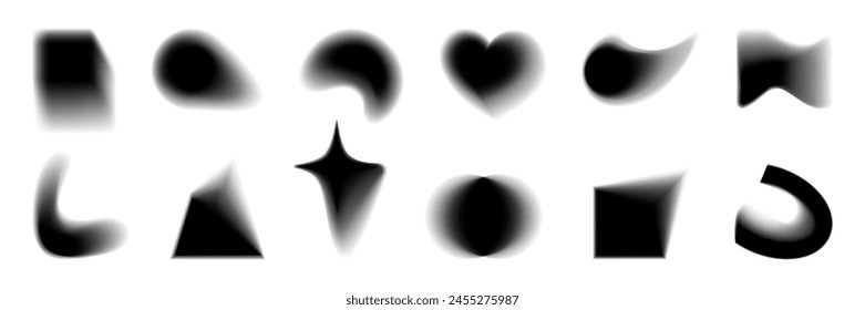 Abstract blurry shapes in black with soft edges. Blurred circles, square, star, heart, triangle. Various silhouette shapes with blur effect on white background, modern set of vector graphic elements.