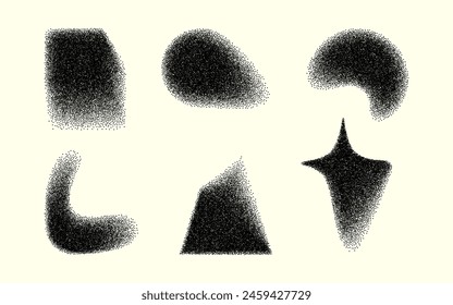 Abstract blurry shapes in black with soft edges with noise effect. Various silhouette shapes with dot blur effect, modern set of vector graphic elements.