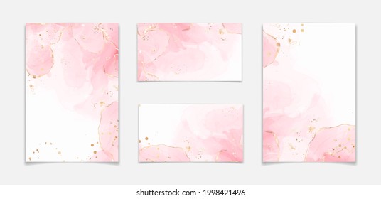 Abstract blush pink liquid watercolor background with golden glitter stains and lines. Rose marble alcohol ink drawing effect with gold foil. Vector illustration template for wedding invitation.