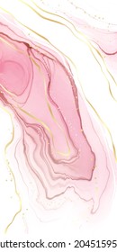 Abstract blush pink liquid watercolor background with golden glitter stains and lines. Rose marble alcohol ink drawing effect with gold foil. Vector illustration template for wedding invitation.