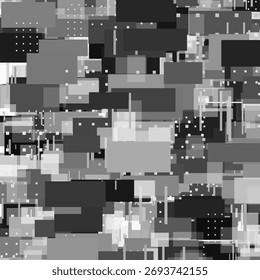 Abstract board. A composition of rectangles, lines and dots, executed in monochrome. Contrasting shades of gray, white and black give the work a modern and technological look.