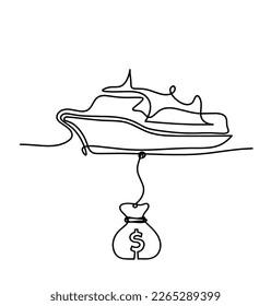 Abstract boat with dollar as line drawing on white background. Vector