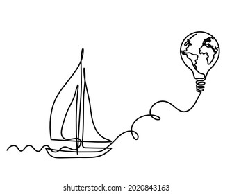 Abstract boat with globe and lightbulb as line drawing on white background. Vector