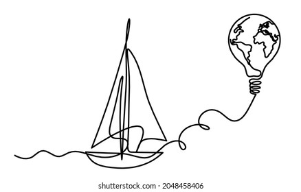 Abstract boat with globe and lightbulb as line drawing on white background. Vector