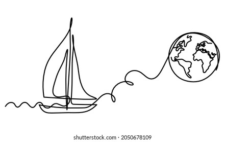 Abstract boat with globe as line drawing on white background. Vector