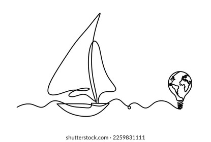 Abstract boat with light bulb as line drawing on white background. Vector