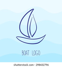 Abstract boat logo on waves background. Vector illustration.