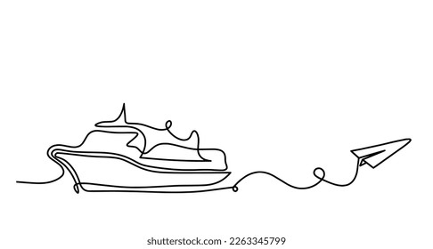 Abstract boat with paper plane as line drawing on white background. Vector