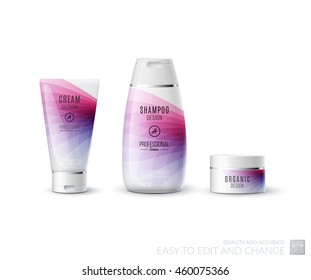 Abstract body care cosmetic brand concept. Tube cream, shampoo packaging. Realistic vector identity set template in pink tones for beauty, medicine, healthcare. Design layout. Chrome metal line. 

