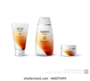 Abstract body care cosmetic brand concept. Tube cream, shampoo packaging. Realistic vector identity set template in red tones for beauty, medicine, healthcare. Design layout. Chrome metal line. 

