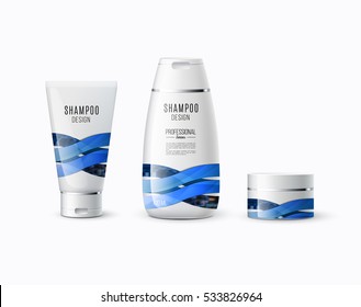 Abstract body care cosmetic brand concept. Tube cream, shampoo packaging. Realistic vector identity set template with pink soft waves for beauty, medicine, healthcare. Design layout. Chrome line.