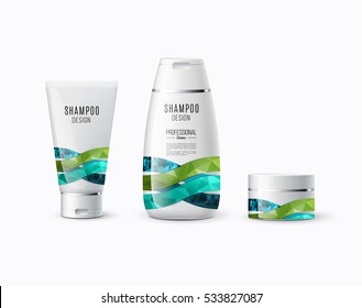 Abstract body care cosmetic brand concept. Tube cream, shampoo packaging. Realistic vector identity set template with green soft waves for beauty, medicine, healthcare. Design layout. Chrome line.